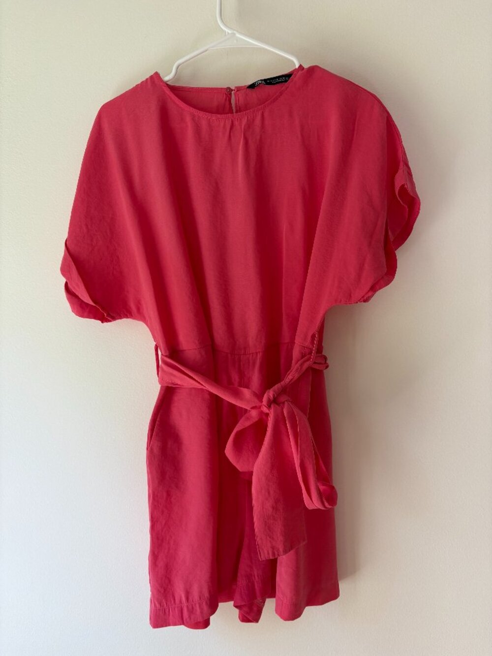 Zara Hot Pink Belted Short Jumpsuit Romper with Pockets - Size Medium
